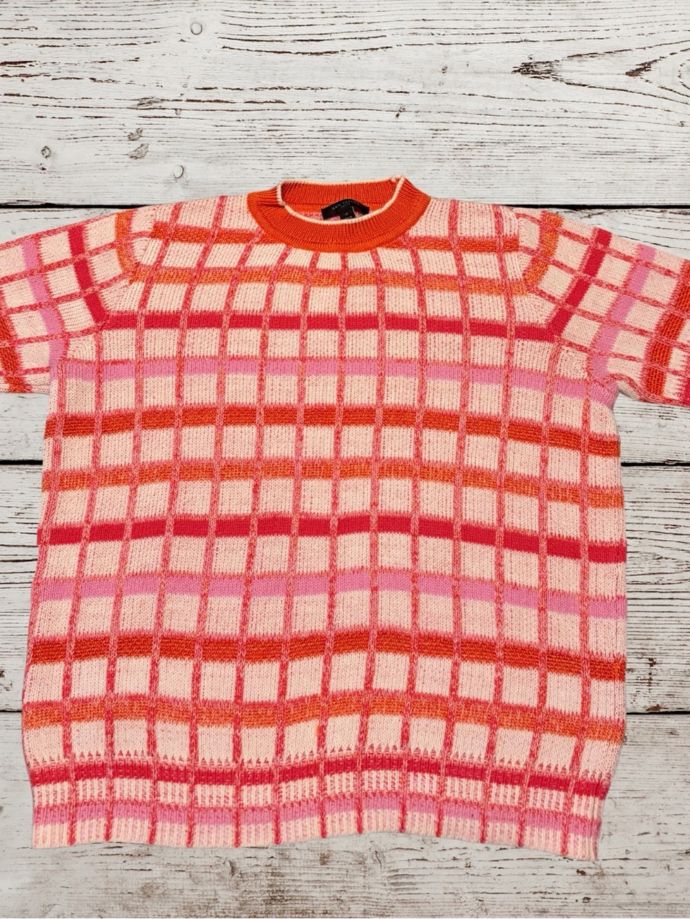 Ann Taylor Men's Pink & Orange Check Crewneck Sweater